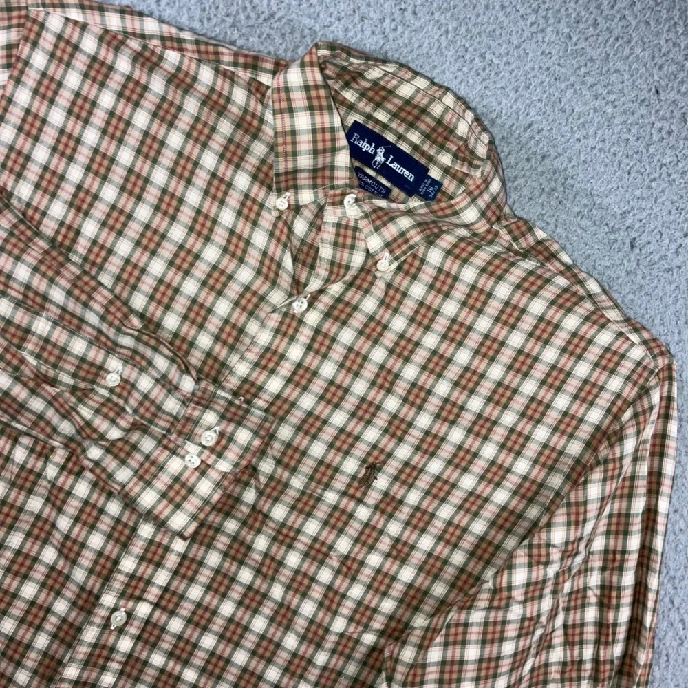 Ralph Lauren Button Down Men 2XL 16 34/35 Yarmouth Plaid Neutral Green Brown L/S